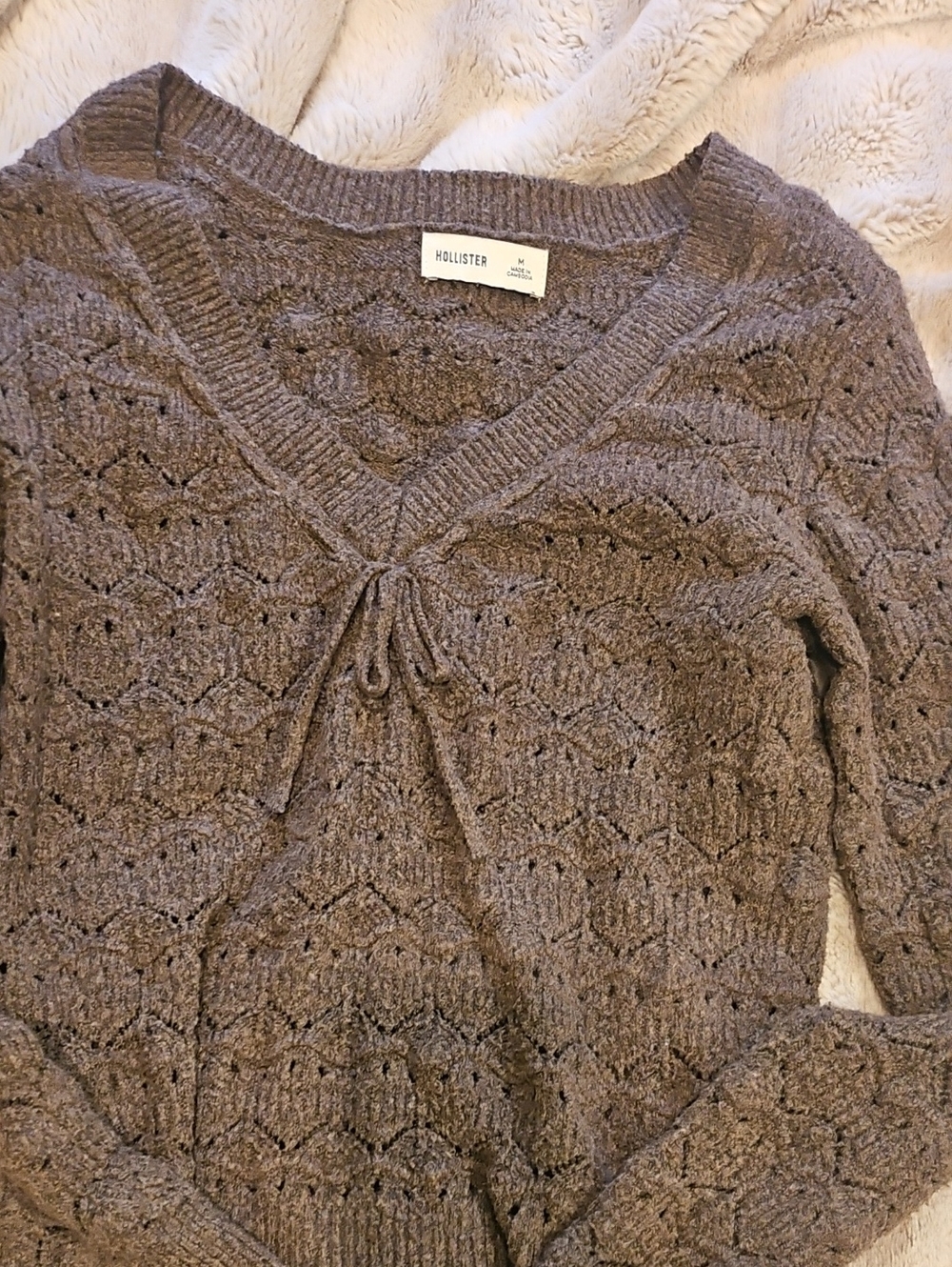 Hollister Brown V-Neck Knit Sweater with Tie Detail